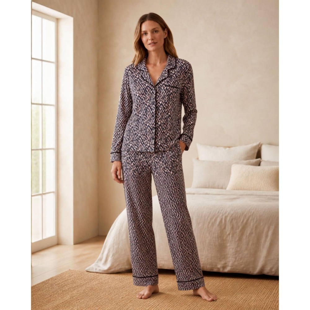 Roudelain Womens Pajama Set Navy Pink Animal Print Long Sleeve Button Down Large